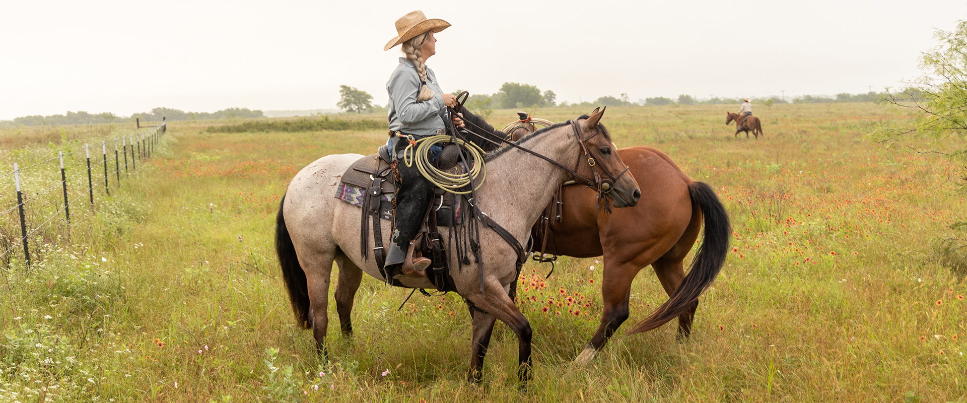 Women on horse back in field 